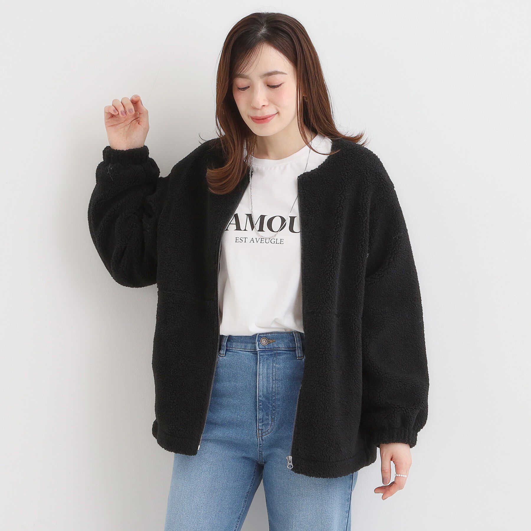 SHOO･LA･RUE「【洗濯機可】即サマになる ノーカラー ボアブルゾン」|ブルゾン・スタジャン|