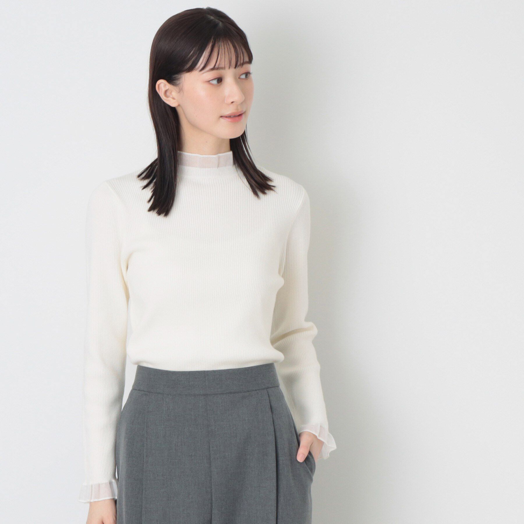 Dessin「【洗える】シースルーフリルネックリブニット」|ニット・セーター|