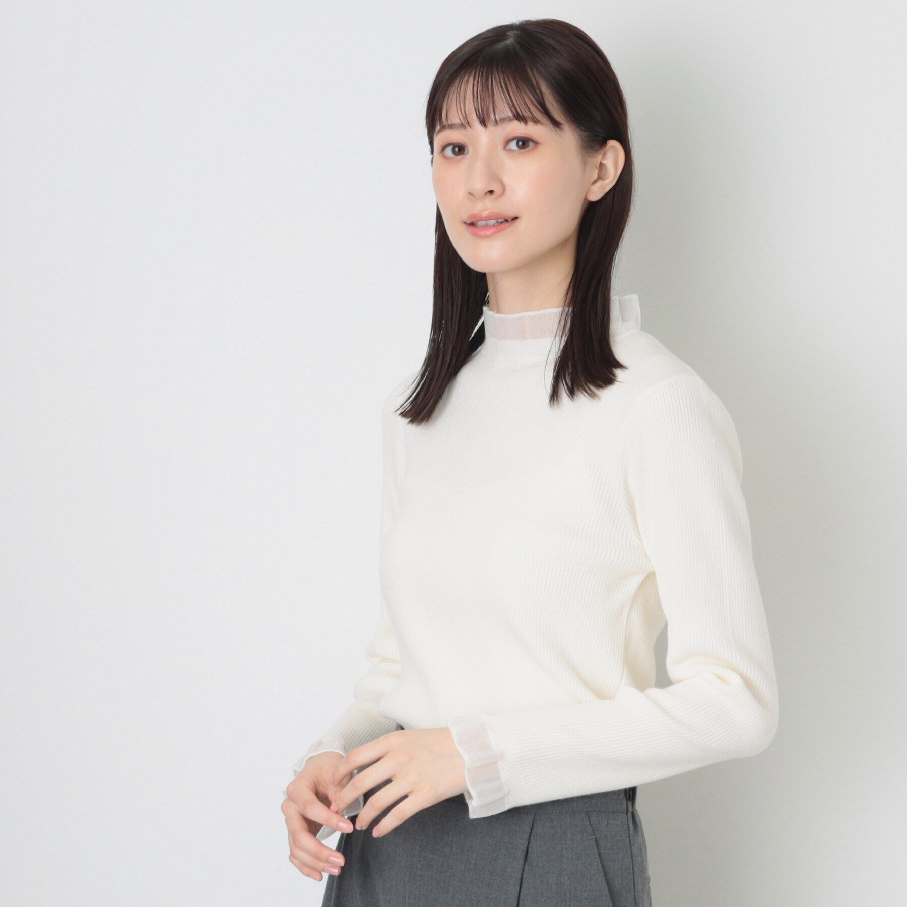 Dessin「【洗える】シースルーフリルネックリブニット」|ニット・セーター|