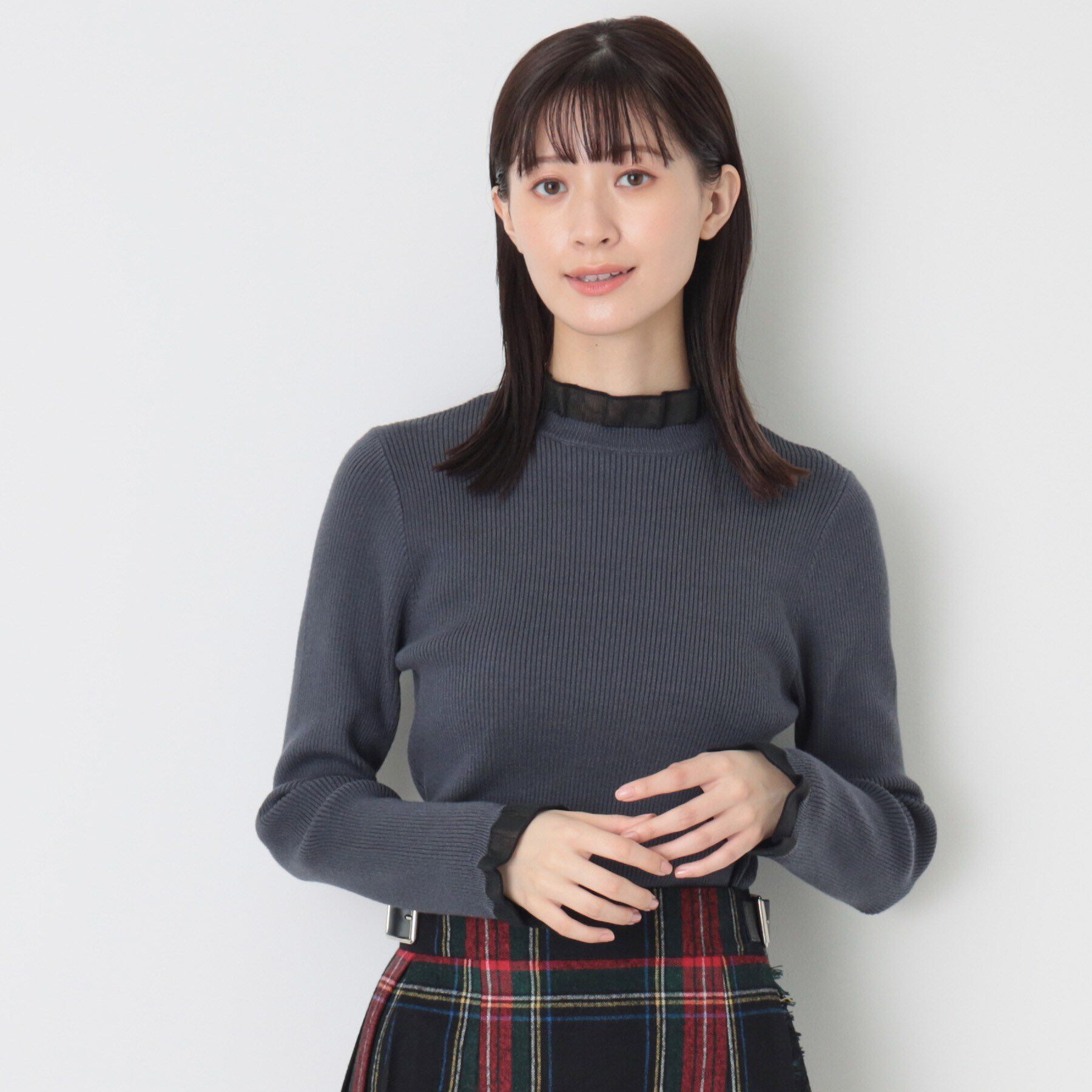 Dessin「【洗える】シースルーフリルネックリブニット」|ニット・セーター|チャコールグレー(0