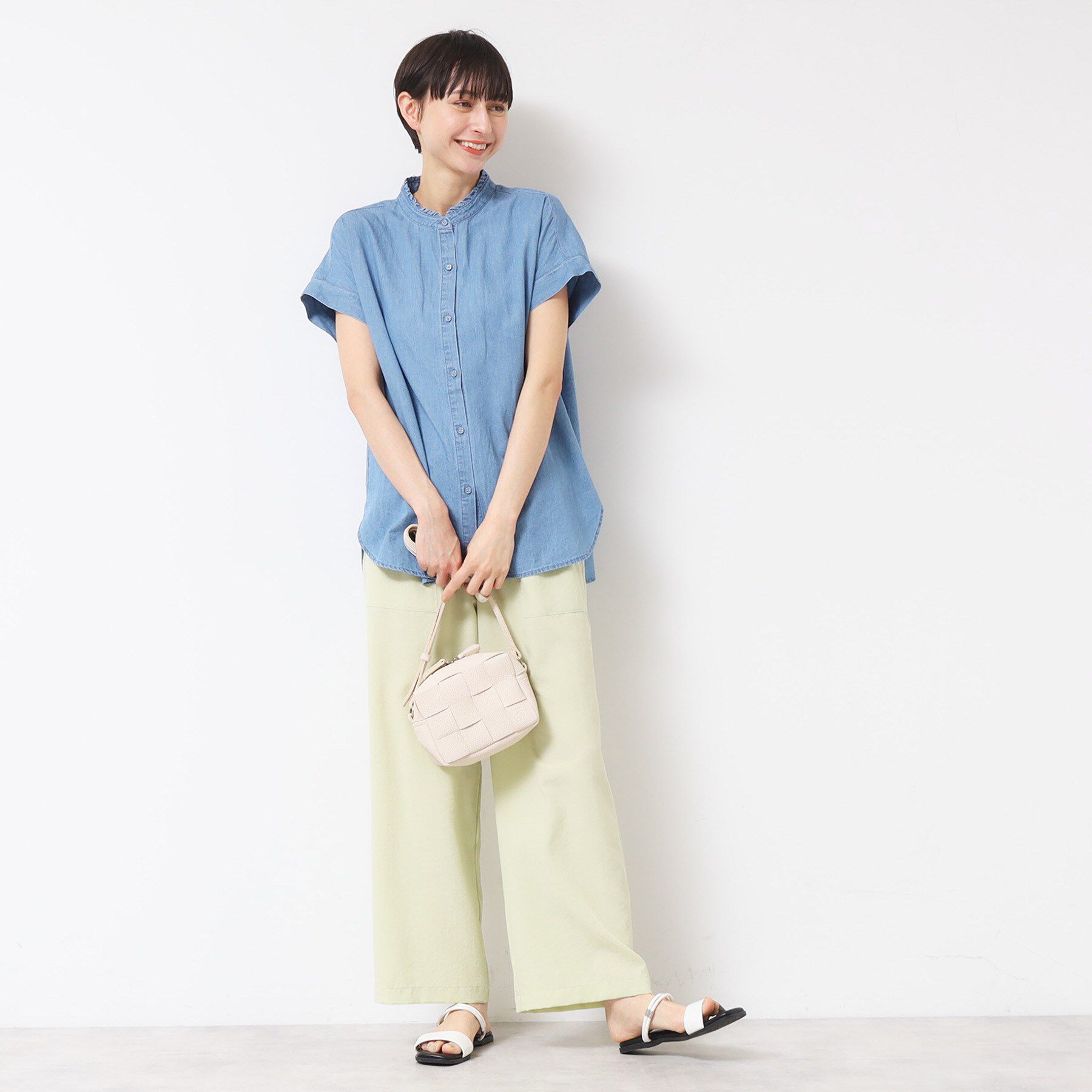 Dessin「【洗える】リネンブレンドデニムフリルシャツ」|シャツ・ブラウス|