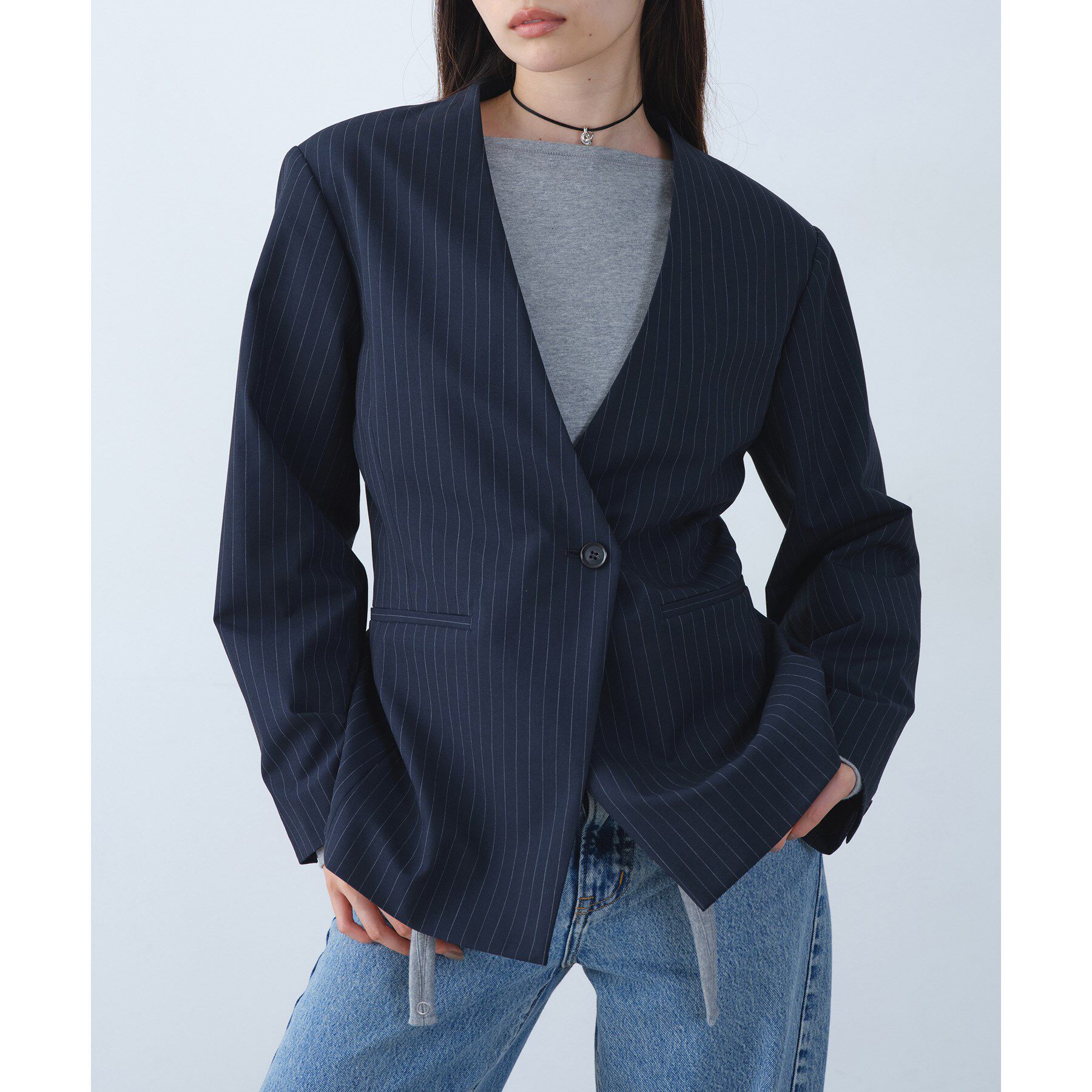 CODE A「tailored mood over jacket」|ノーカラージャケット|ネイビー(394)