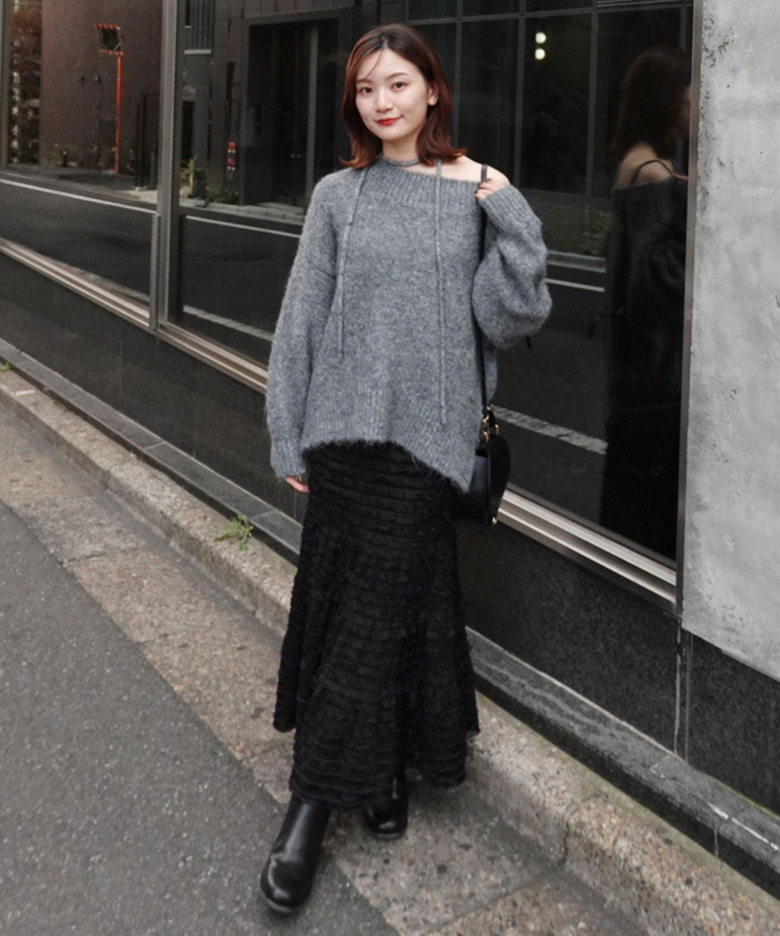 COCO DEAL「オフショルニット&times;フリルティアードスカート」|スカート|杢グレー&times;ブラック