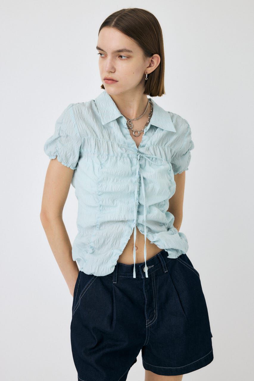 MOUSSY「SHIRRING RIBBON シャツ」|シャツ・ブラウス|L/BLU1