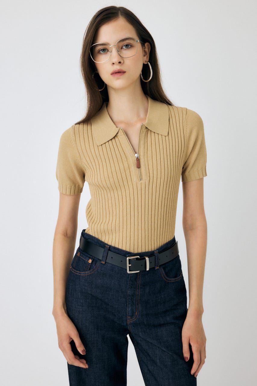 MOUSSY「HALF ZIP CLASSIC ポロ トップス」|ニット・セーター|BEG
