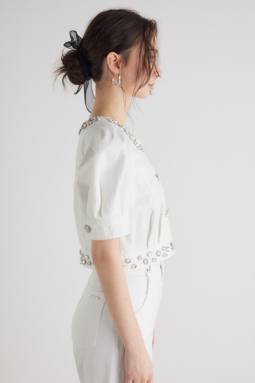 rienda「ノーカラービジューDENIM JK」|デニムジャケット|