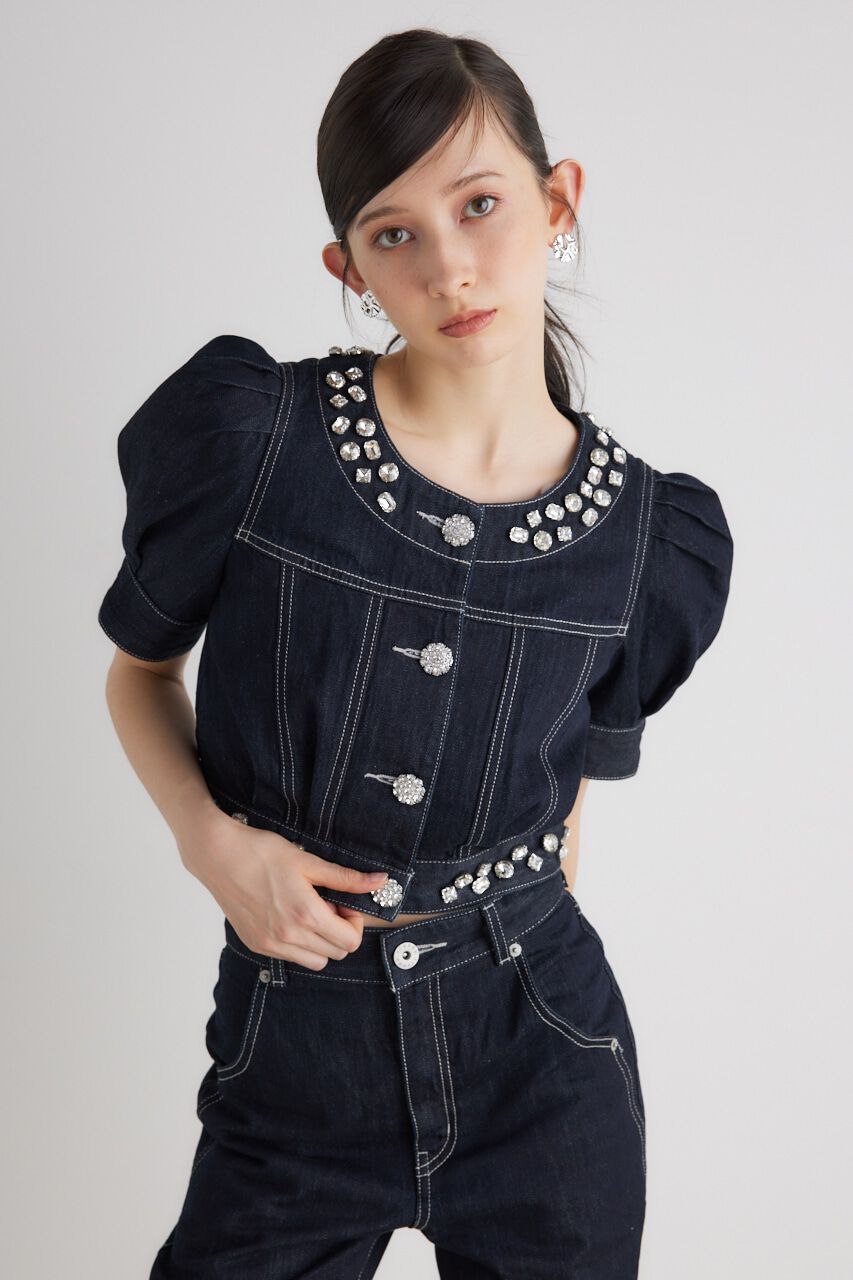 rienda「ノーカラービジューDENIM JK」|デニムジャケット|D/BLU3