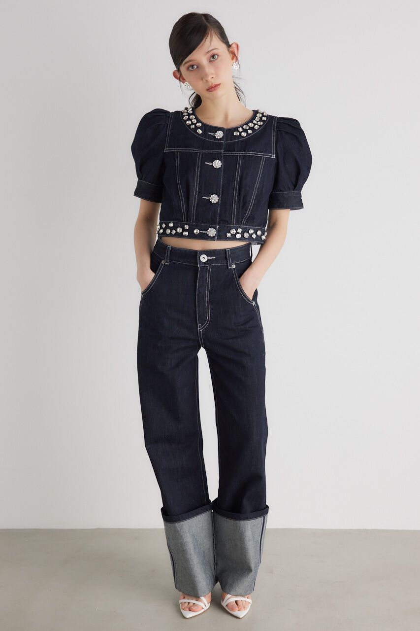 rienda「ノーカラービジューDENIM JK」|デニムジャケット|