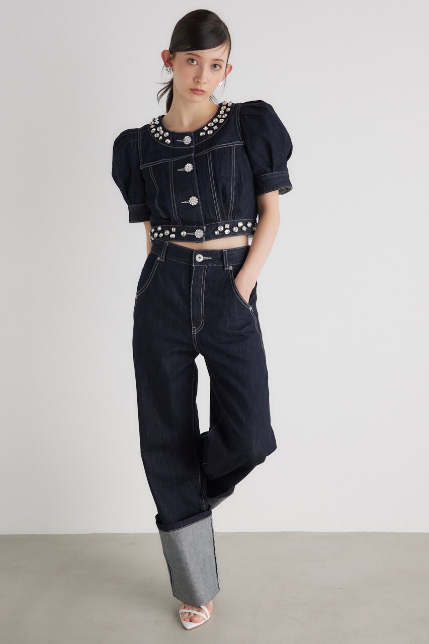 rienda「ノーカラービジューDENIM JK」|デニムジャケット|