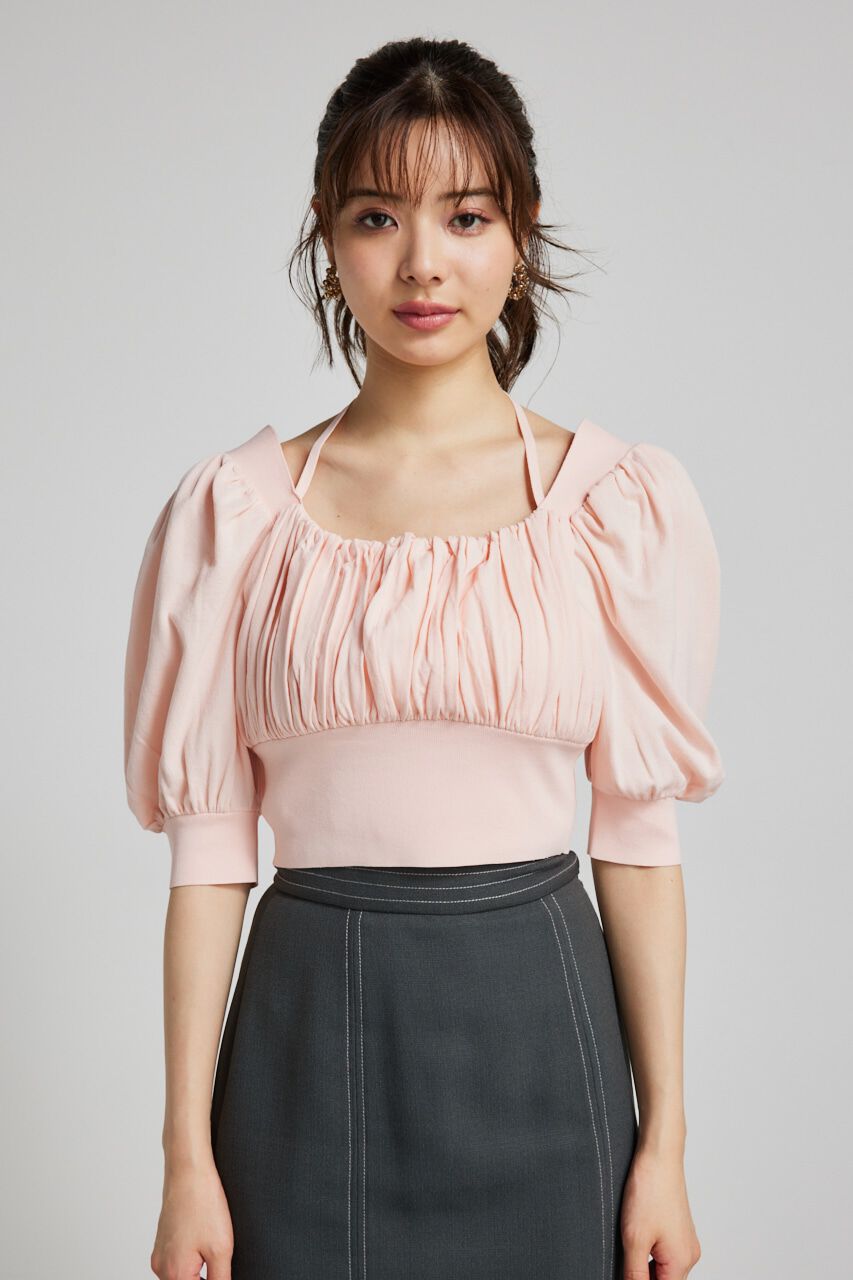 rienda「バストギャザークロップハーフSLV Knit TOP」|ニット・セーター|