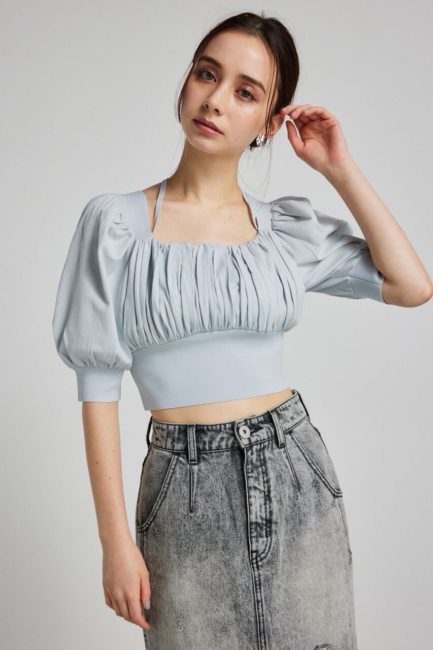 rienda「バストギャザークロップハーフSLV Knit TOP」|ニット・セーター|L/BLU1