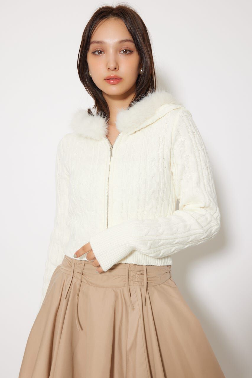 rienda「フードフェイクファーケーブルニットカーディガン」|カーディガン|WHT