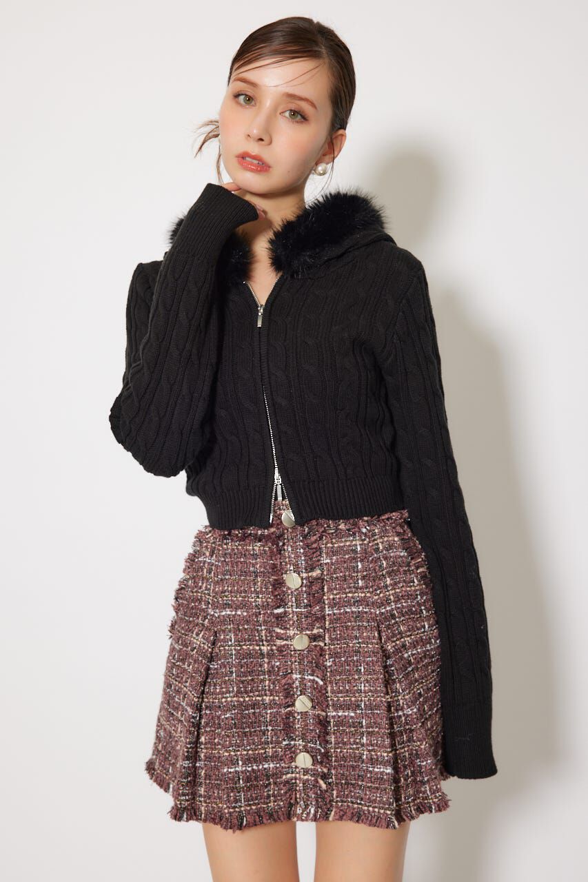 rienda「フードフェイクファーケーブルニットカーディガン」|カーディガン|BLK