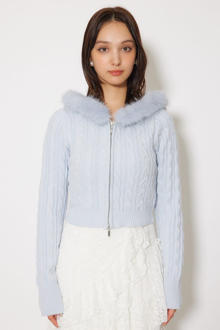 rienda「フードフェイクファーケーブルニットカーディガン」|カーディガン|