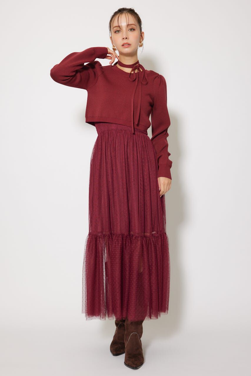 rienda「ニットカーディガンセットドットチュールフレアワンピース」|ワンピース|