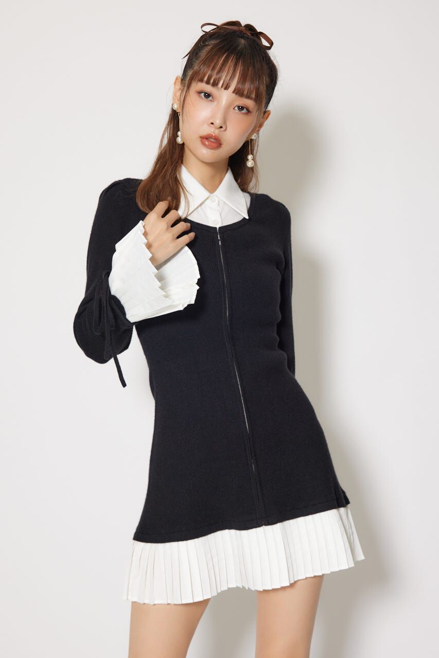 rienda「レイヤードパターンシャツニットミニワンピース」|ワンピース|BLK