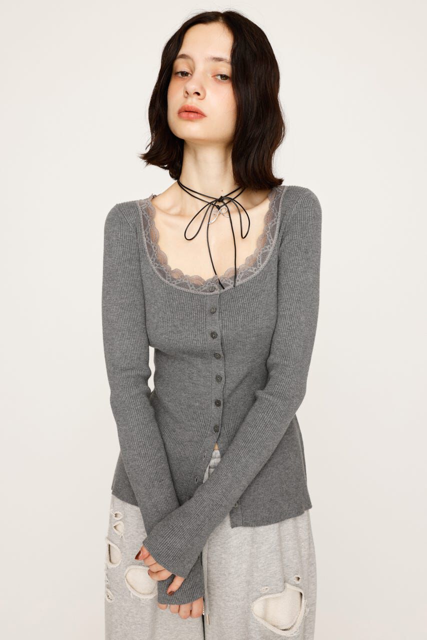 SLY「LACE DOCKING FRONT BUTTON トップス」|ニット・セーター|T.GRY