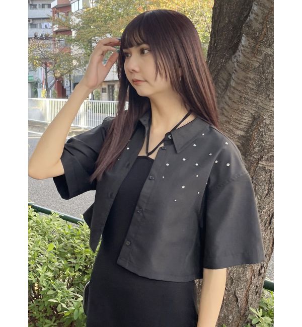 MURUA「ラインストーンクロップトシャツ」|シャツ・ブラウス|