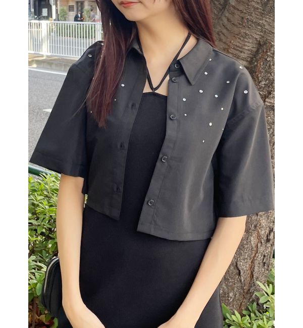 MURUA「ラインストーンクロップトシャツ」|シャツ・ブラウス|ブラック