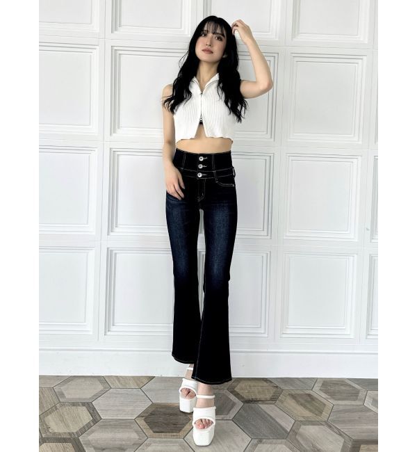 GYDA「NEWハイウエストBACKクロスフレアパンツ」|デニム|