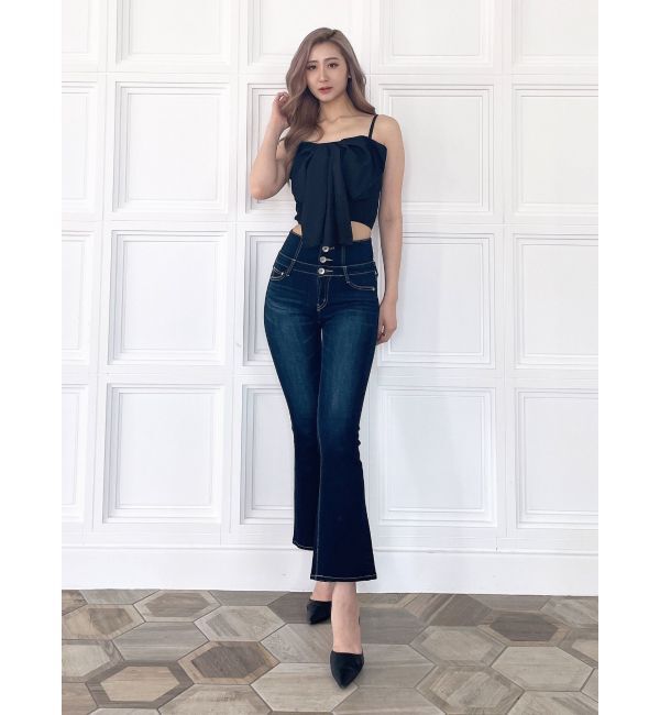 GYDA「NEWハイウエストBACKクロスフレアパンツ」|デニム|