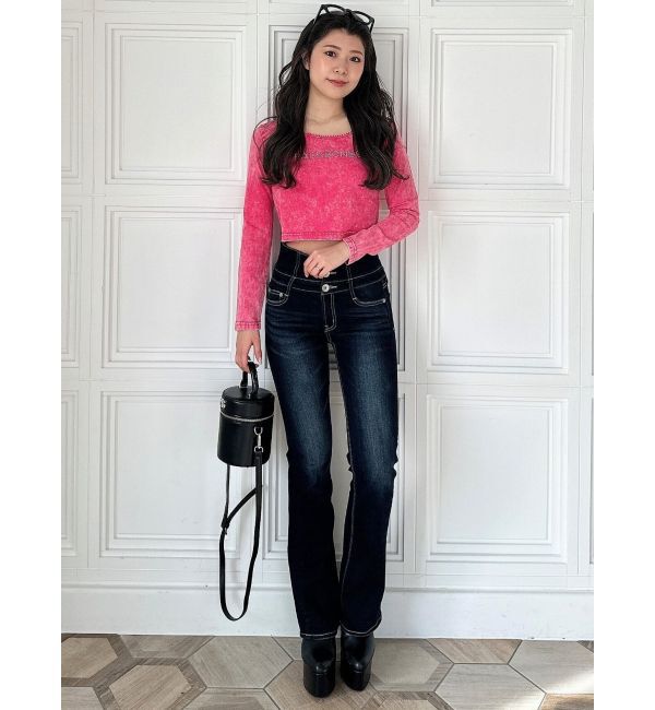 GYDA「NEWハイウエストBACKクロスフレアパンツ」|デニム|