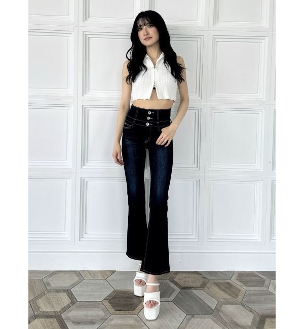 GYDA「NEWハイウエストBACKクロスフレアパンツ」|デニム|