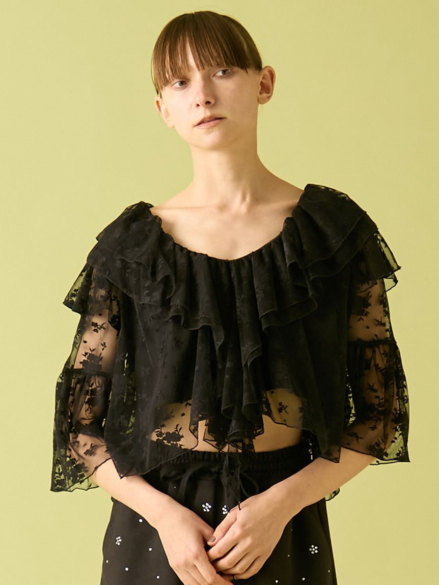 FURFUR「フラワーレースラッフルブラウス」|シャツ・ブラウス|BLK
