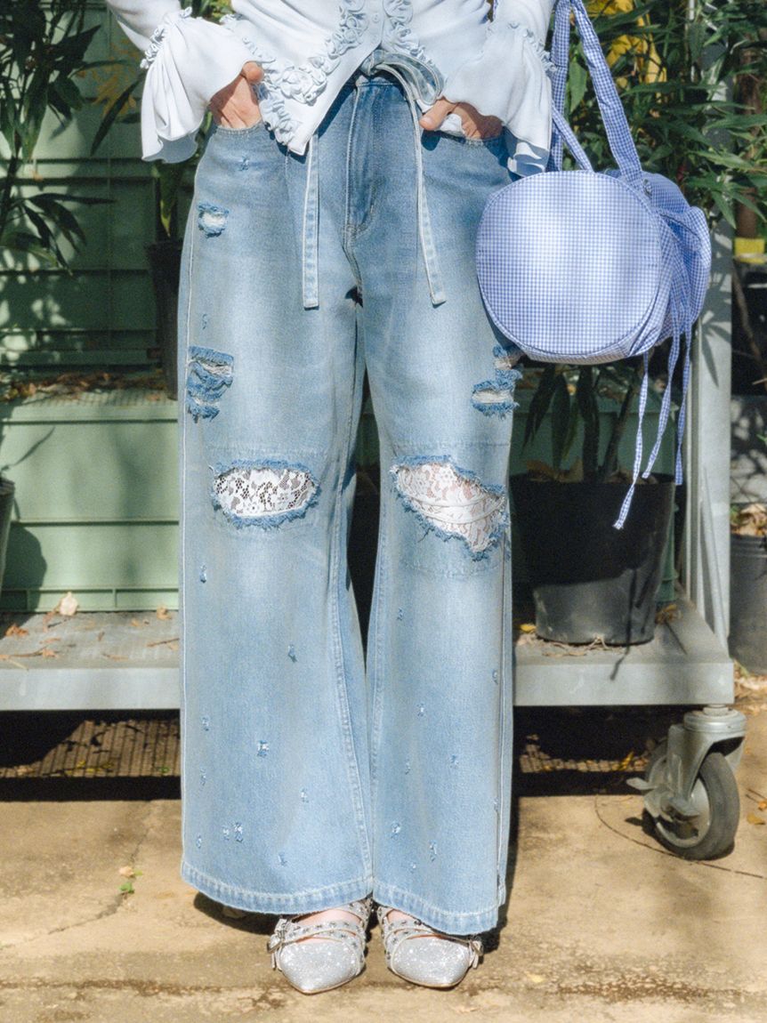 FURFUR「レースクラッシュデニムパンツ」|デニム|SAX