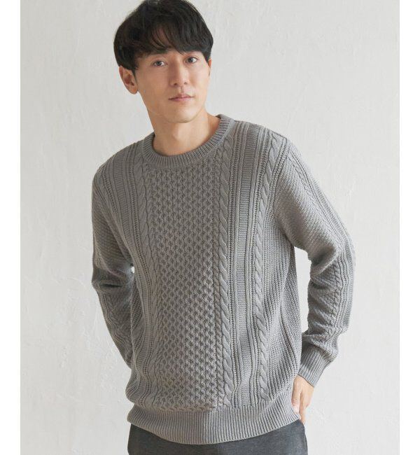 ikka「抗菌アランケーブルリサイクルニット」|プルオーバー|グレイ