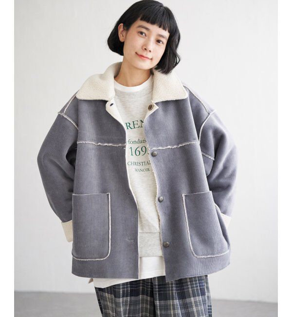 Lbc with Life「ボアコーデュロイリバーシブル襟付きジャケット」|ブルゾン・スタジャン|グレー