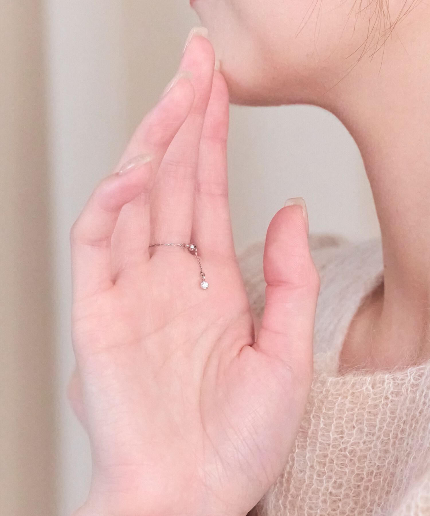 Phoebe「≪サイズ調整可能≫【金属アレルギー対応】プチベゼルストーンチェーンリング　シルバー」|リング|