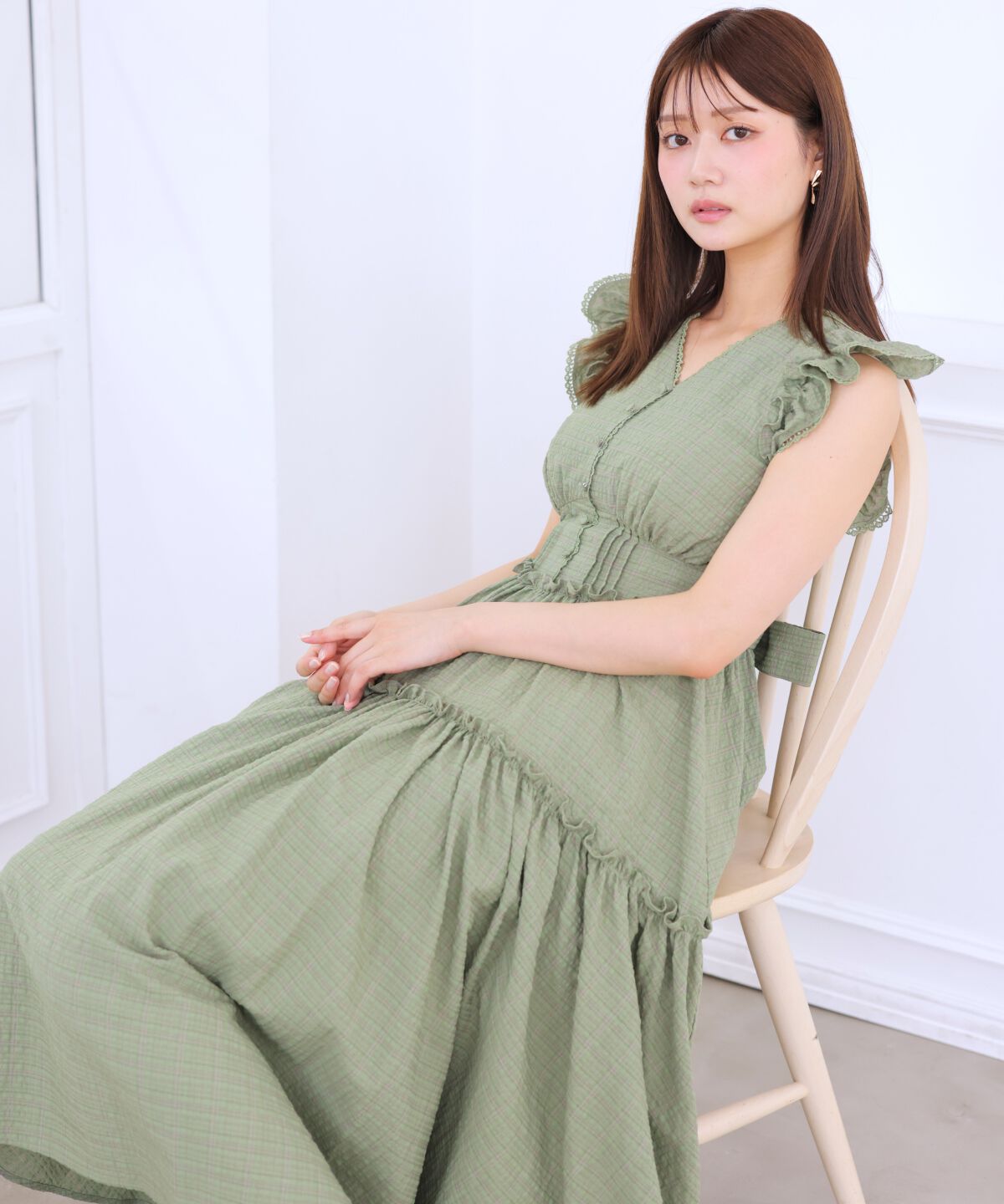 アンドクチュール「サッカーチェックティアードワンピース」|ワンピース|グリーン