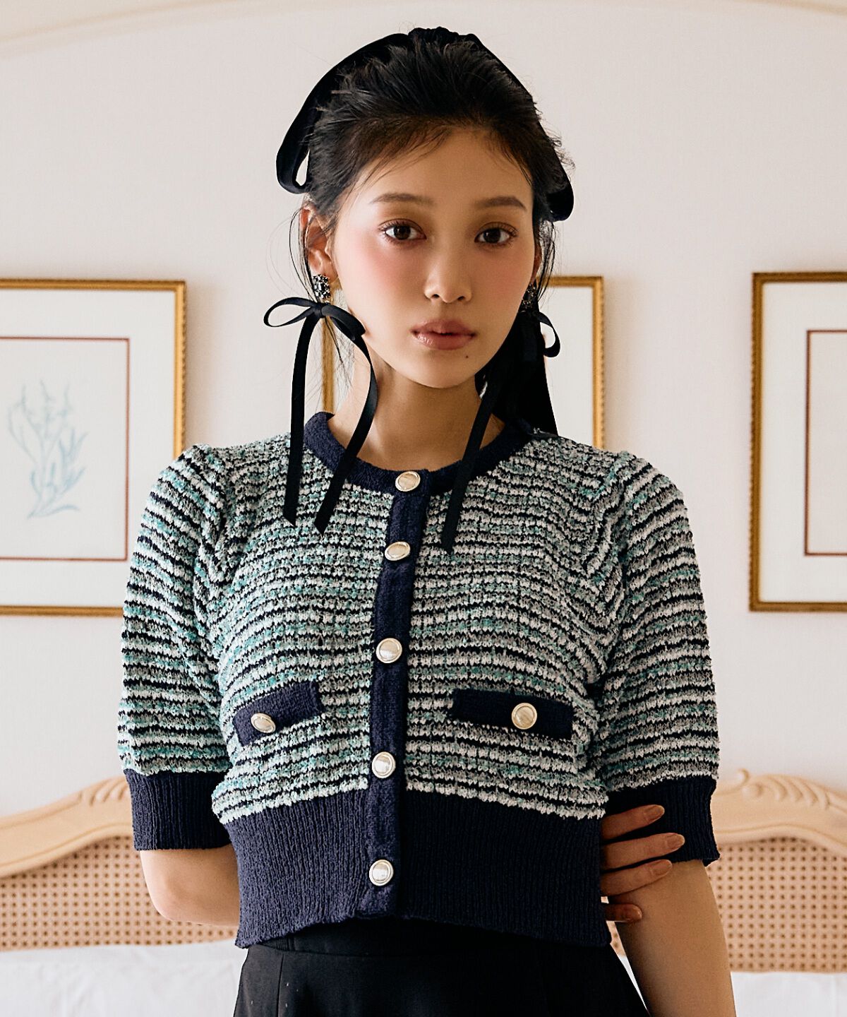 アンドクチュール「MIX配色5分袖プルオーバー」|ニット・セーター|