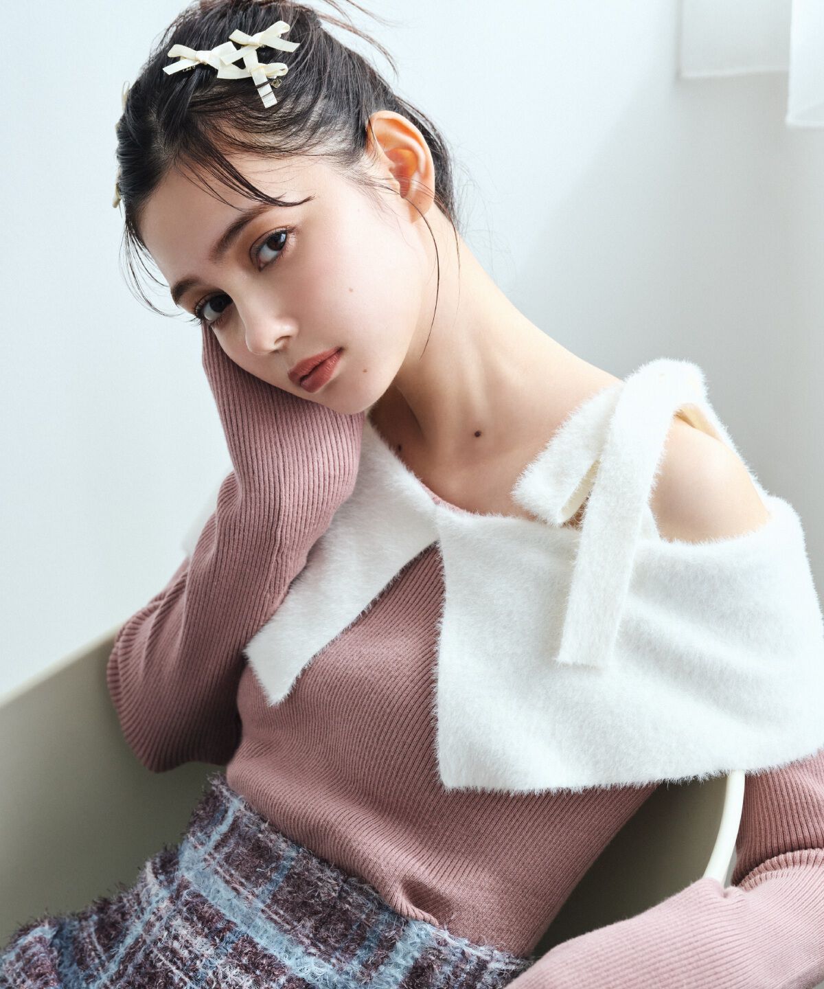 REDYAZEL「シャギーリボンオフショルニットトップス」|ニット・セーター|ピンク