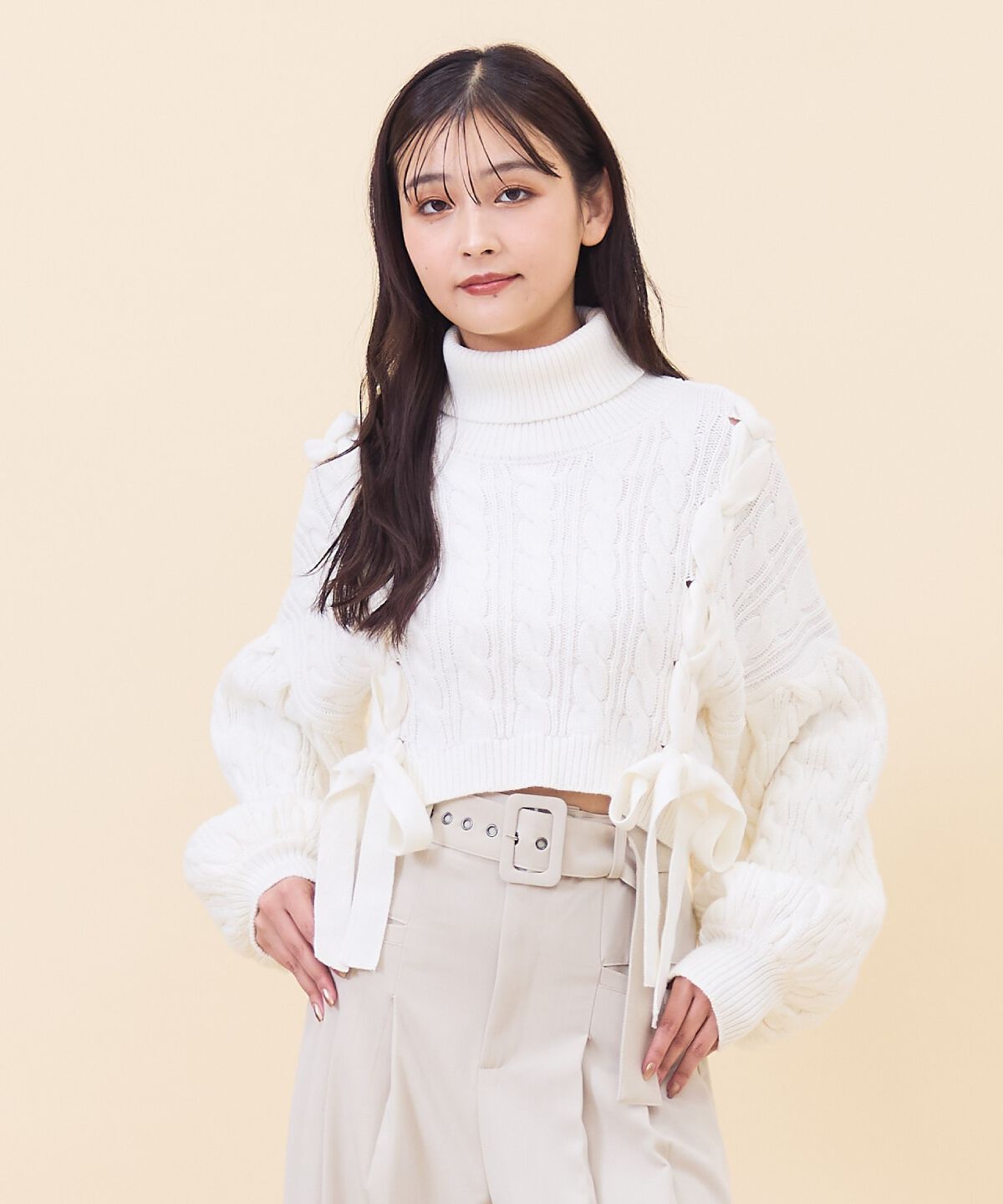 REDYAZEL「サイドリボンケーブルニット」|ニット・セーター|オフ