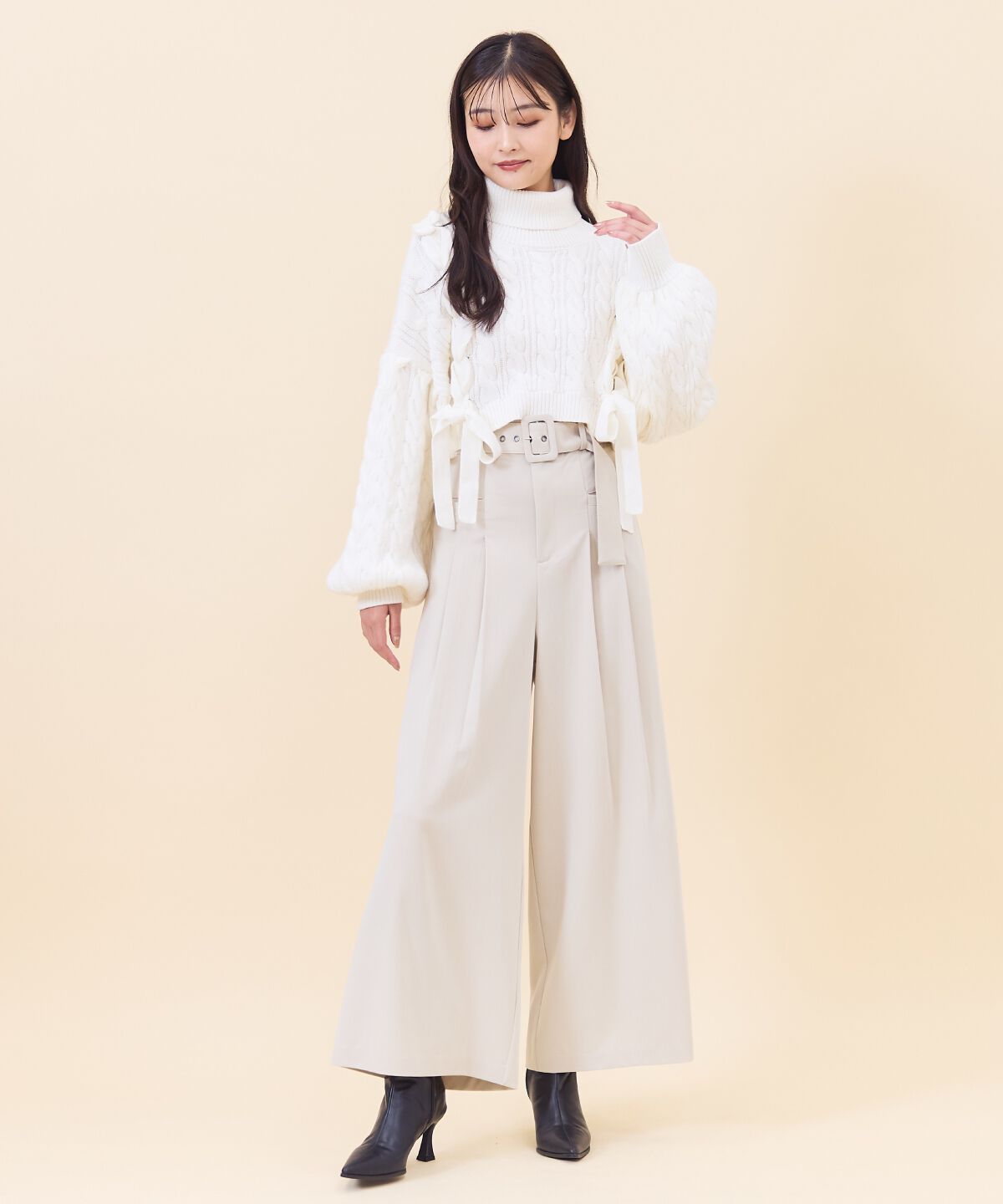 REDYAZEL「サイドリボンケーブルニット」|ニット・セーター|