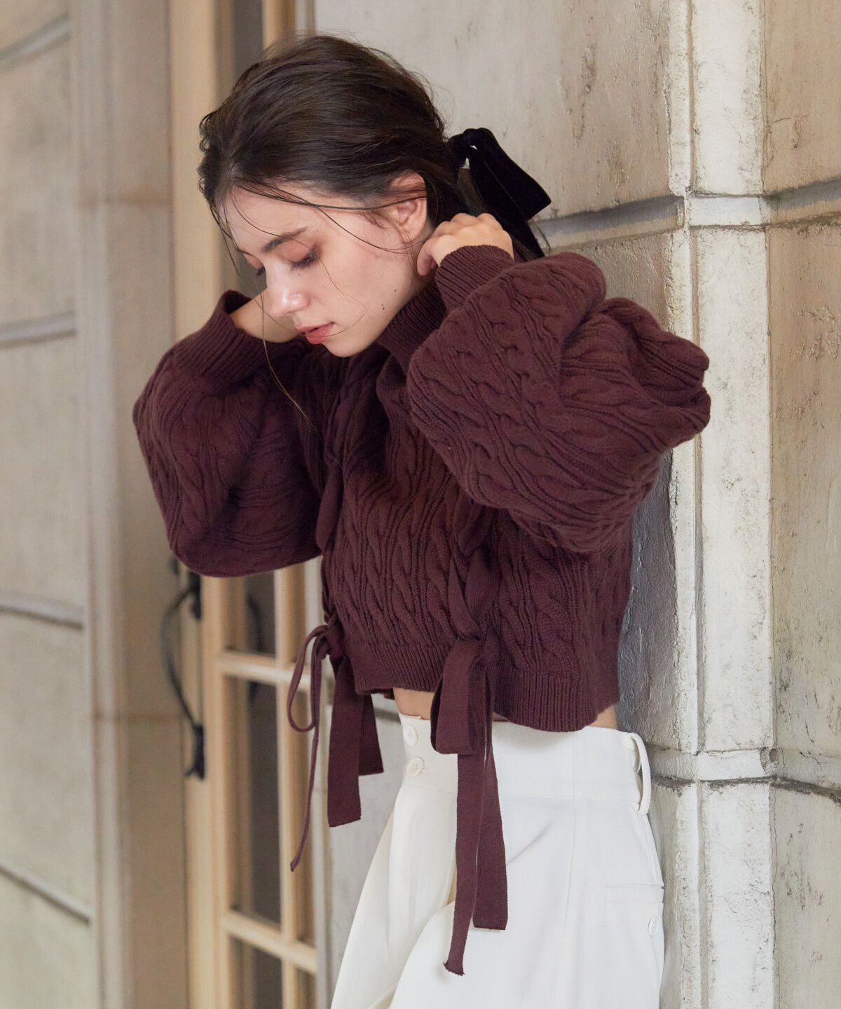 REDYAZEL「サイドリボンケーブルニット」|ニット・セーター|