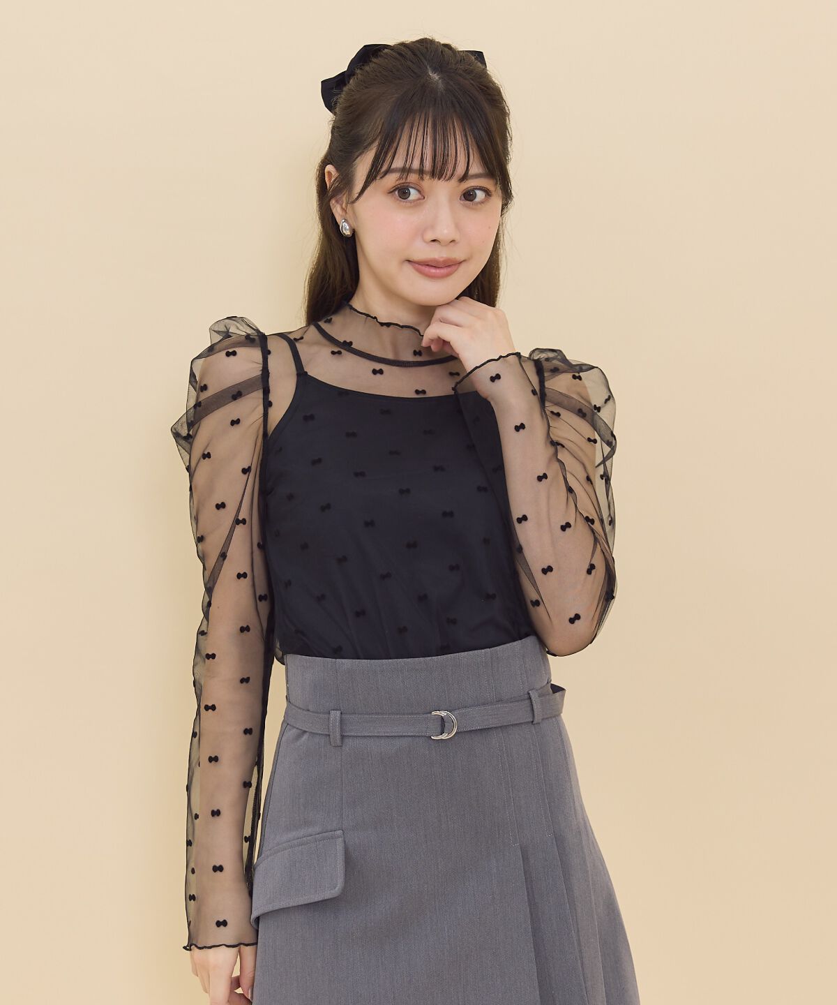 REDYAZEL「リボンフロッキーチュールブラウス」|シャツ・ブラウス|黒系ｼﾞｬｶﾞｰﾄﾞ