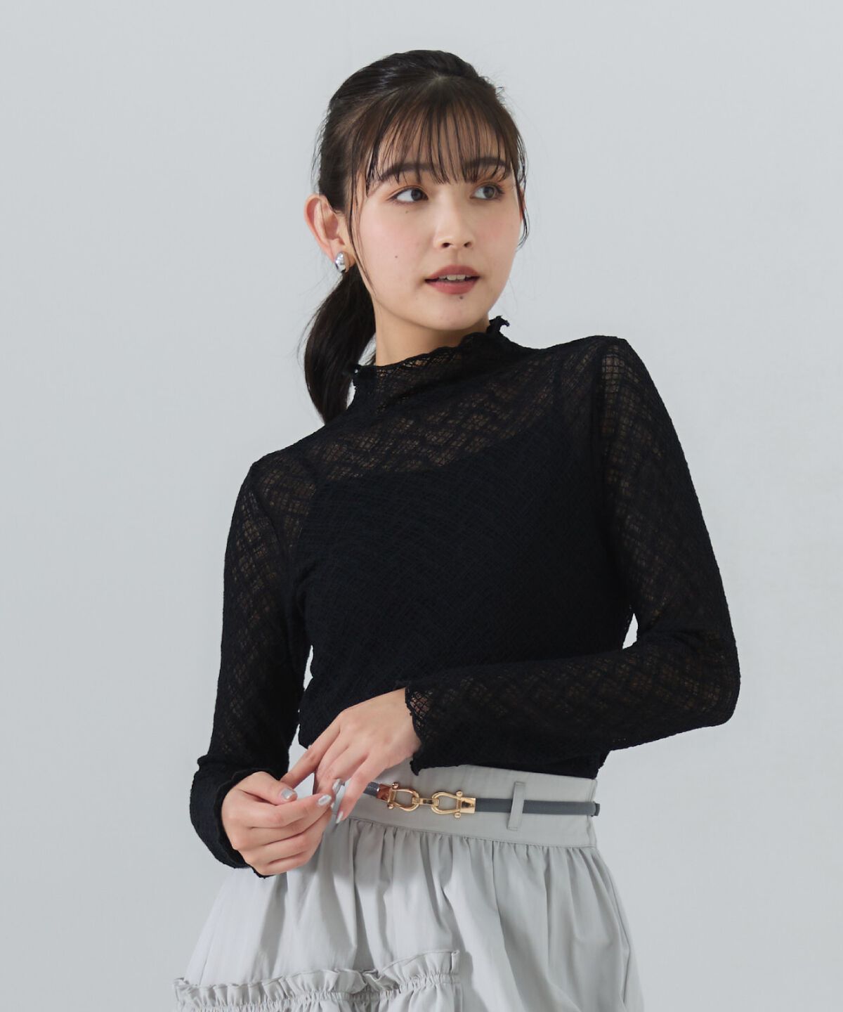 REDYAZEL「チェックレースハイネックトップス」|Tシャツ・カットソー|ブラック