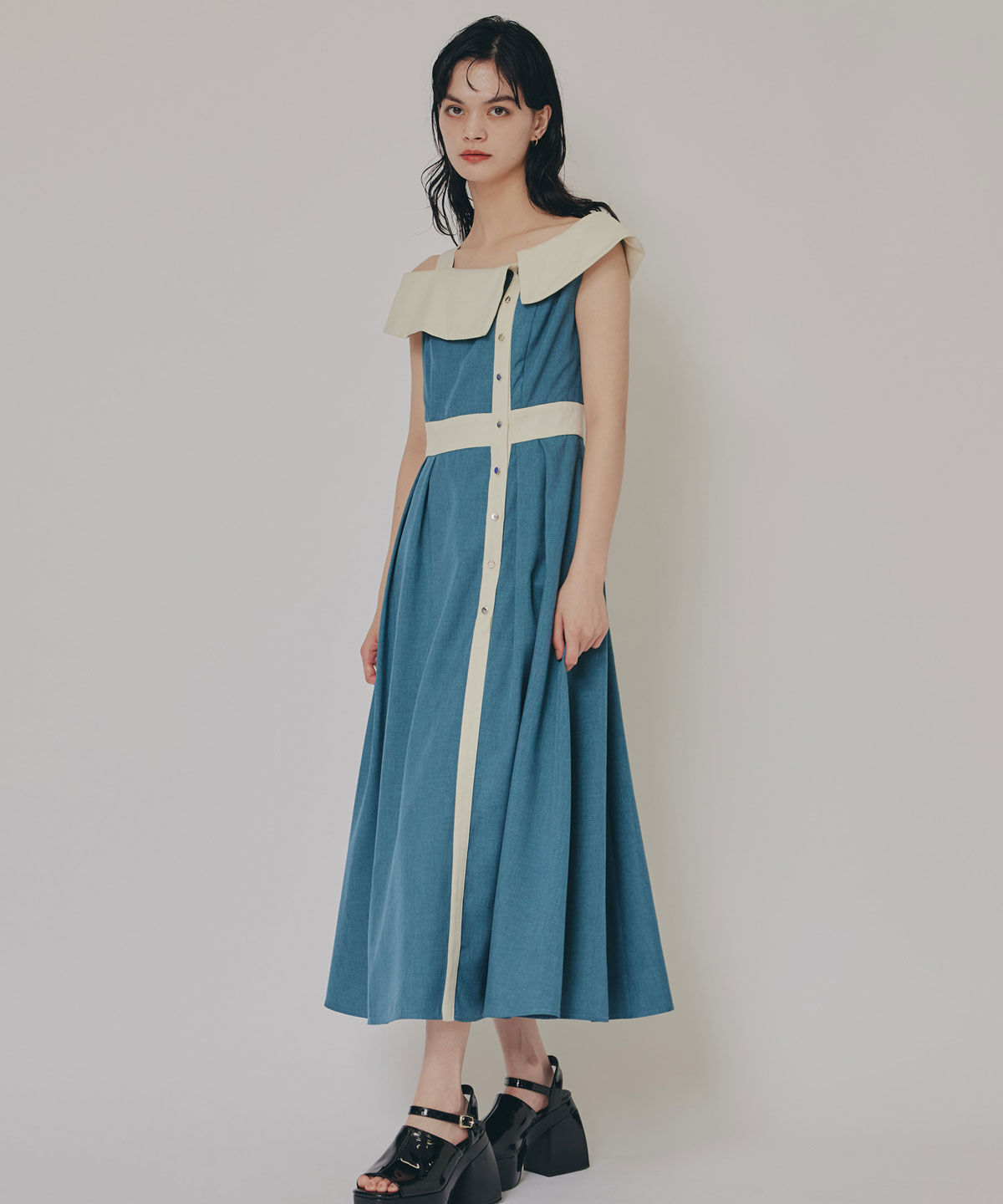 REDYAZEL「バイカラーアシメショルダーワンピース」|ワンピース|ﾀﾞｰｸｸﾞﾘｰﾝ