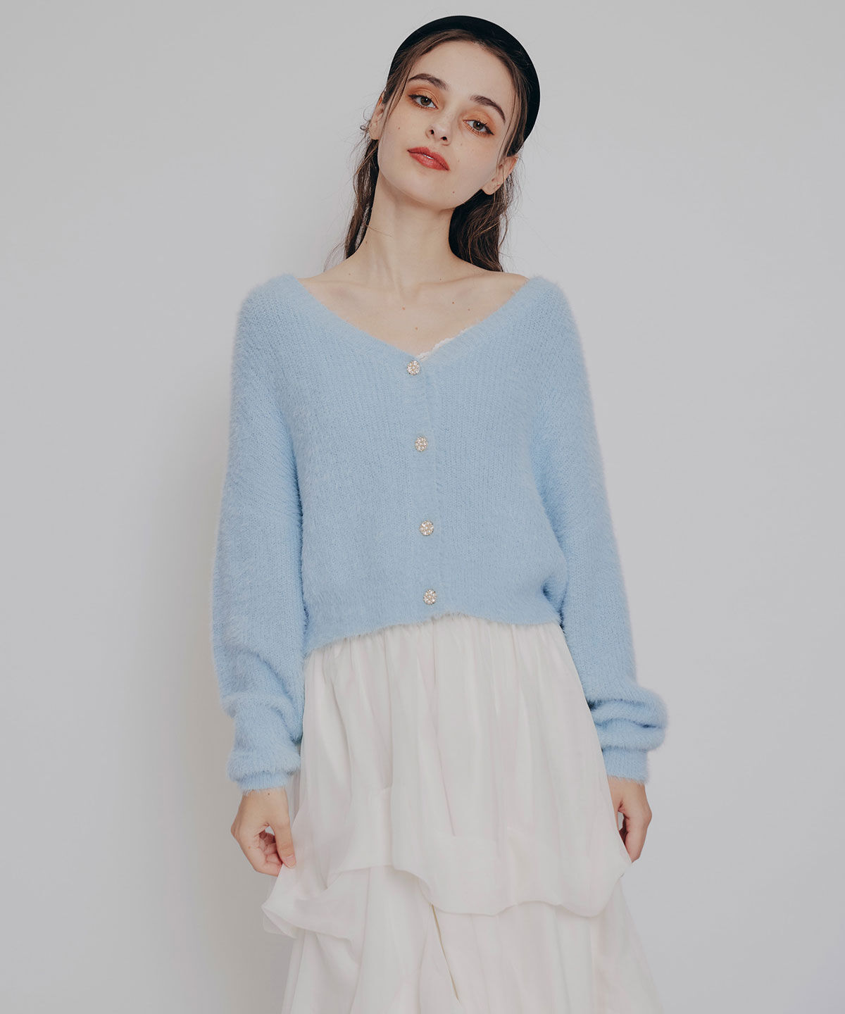 REDYAZEL「フェザーヤーンビジューボタンカーディガン」|カーディガン|