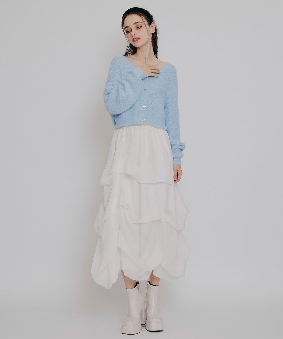 REDYAZEL「フェザーヤーンビジューボタンカーディガン」|カーディガン|