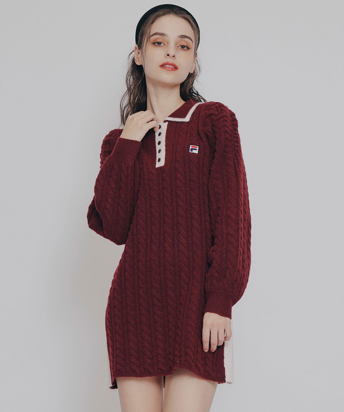 REDYAZEL「［FILA&times;REDYAZEL］ケーブルニットポロミニワンピース」|ワンピース|レッド