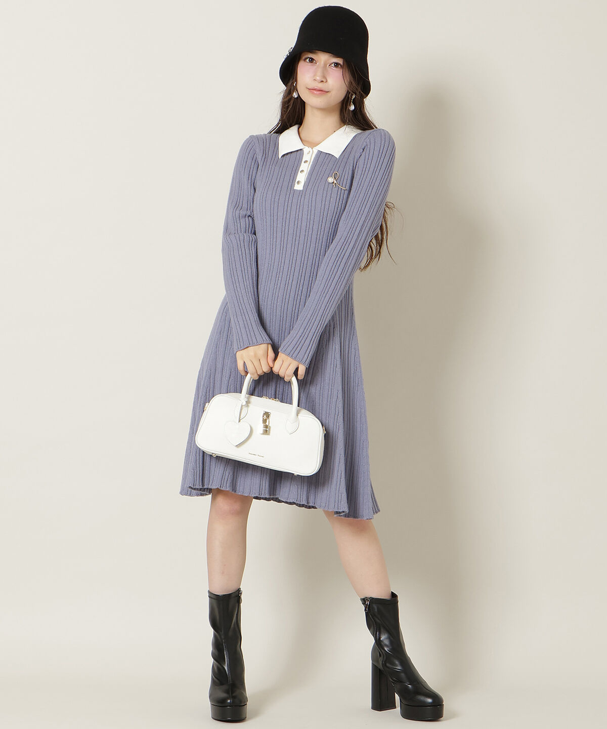 WILLSELECTION「ポロカラーフレアニットワンピース」|ワンピース|ブルー