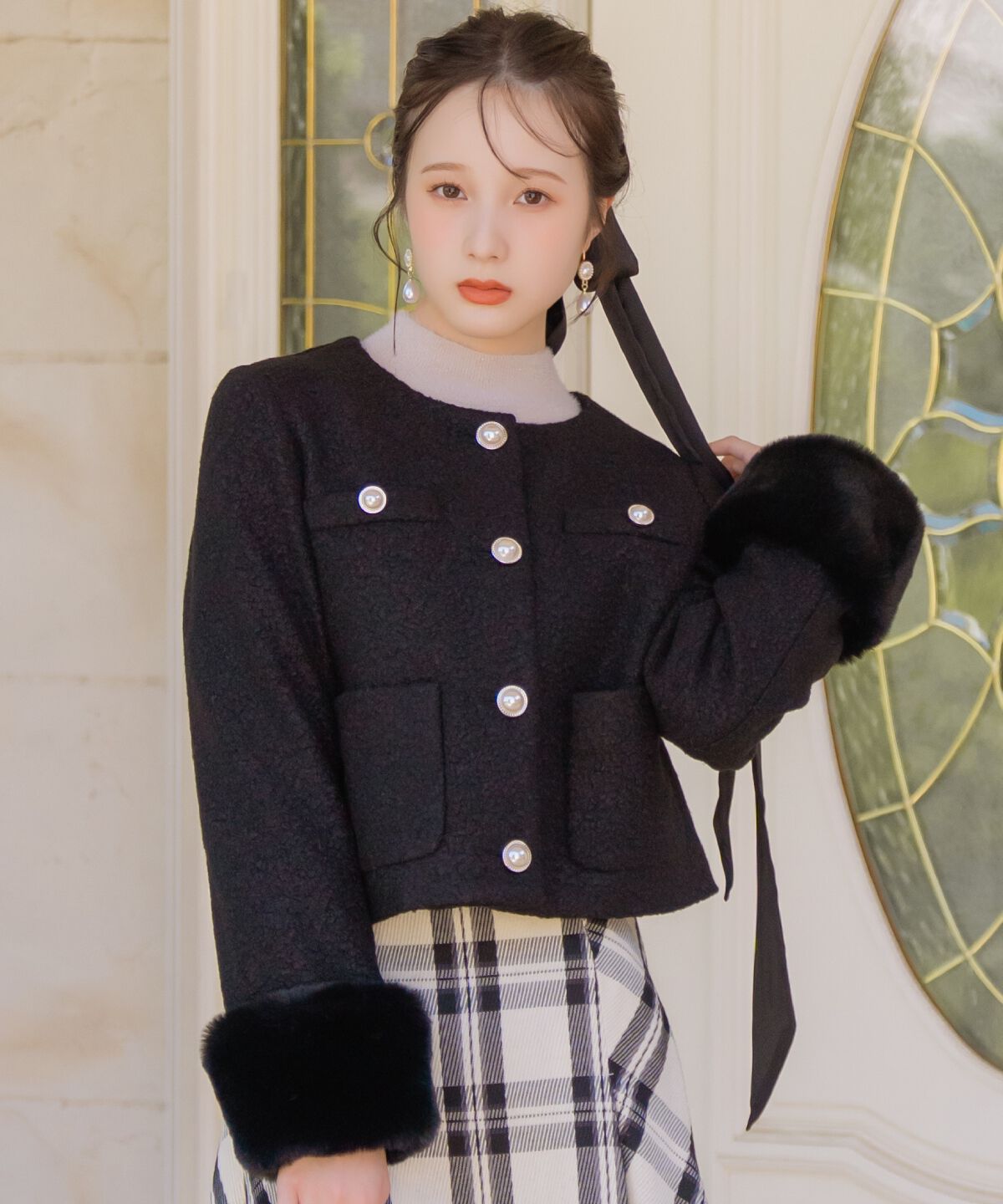 WILLSELECTION「ノーカラーブークレショートコート」|ノーカラーコート|ブラック