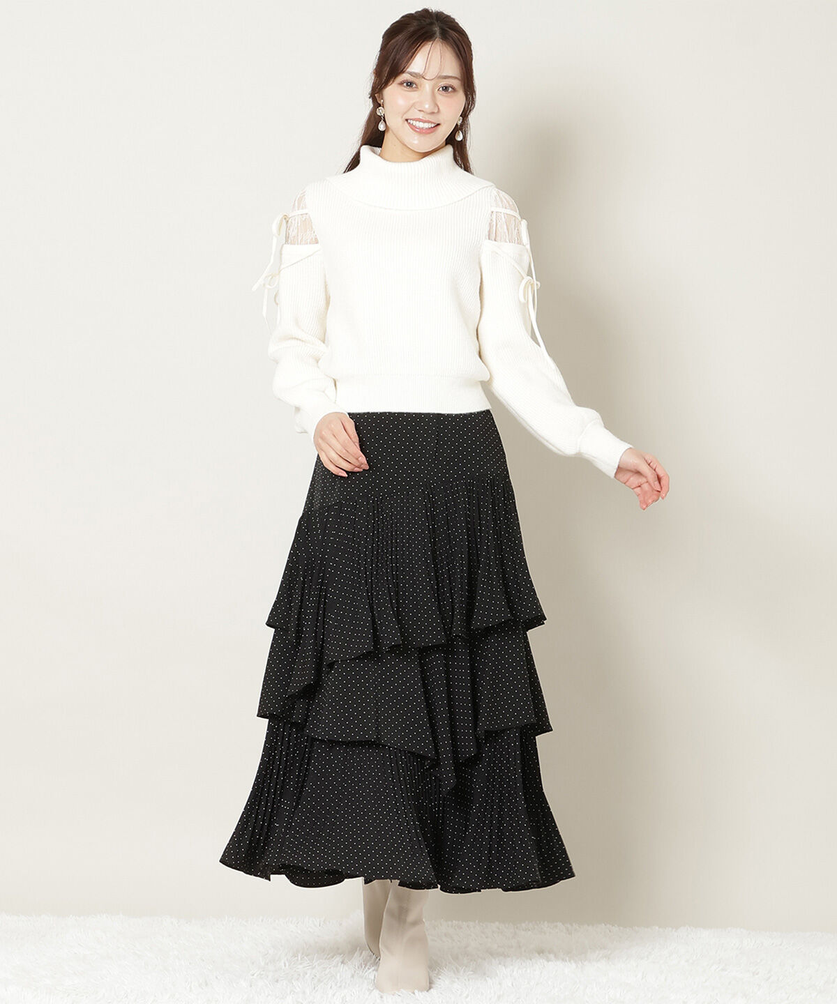 WILLSELECTION「プリーツシフォンティアードスカート」|フレア|黒系水玉