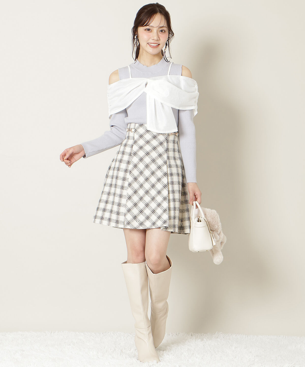 WILLSELECTION「ビットデザインツイードミニスカート」|フレア|白系チェック