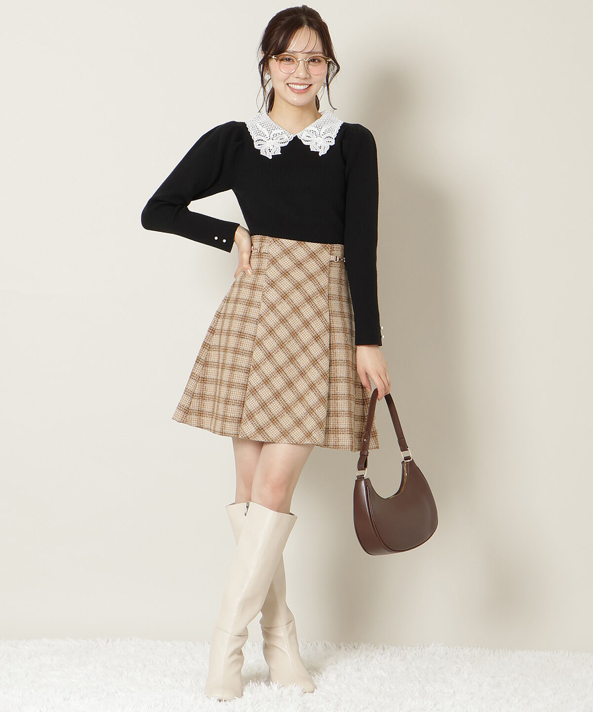 WILLSELECTION「ビットデザインツイードミニスカート」|フレア|beige/ﾁｪｯｸ