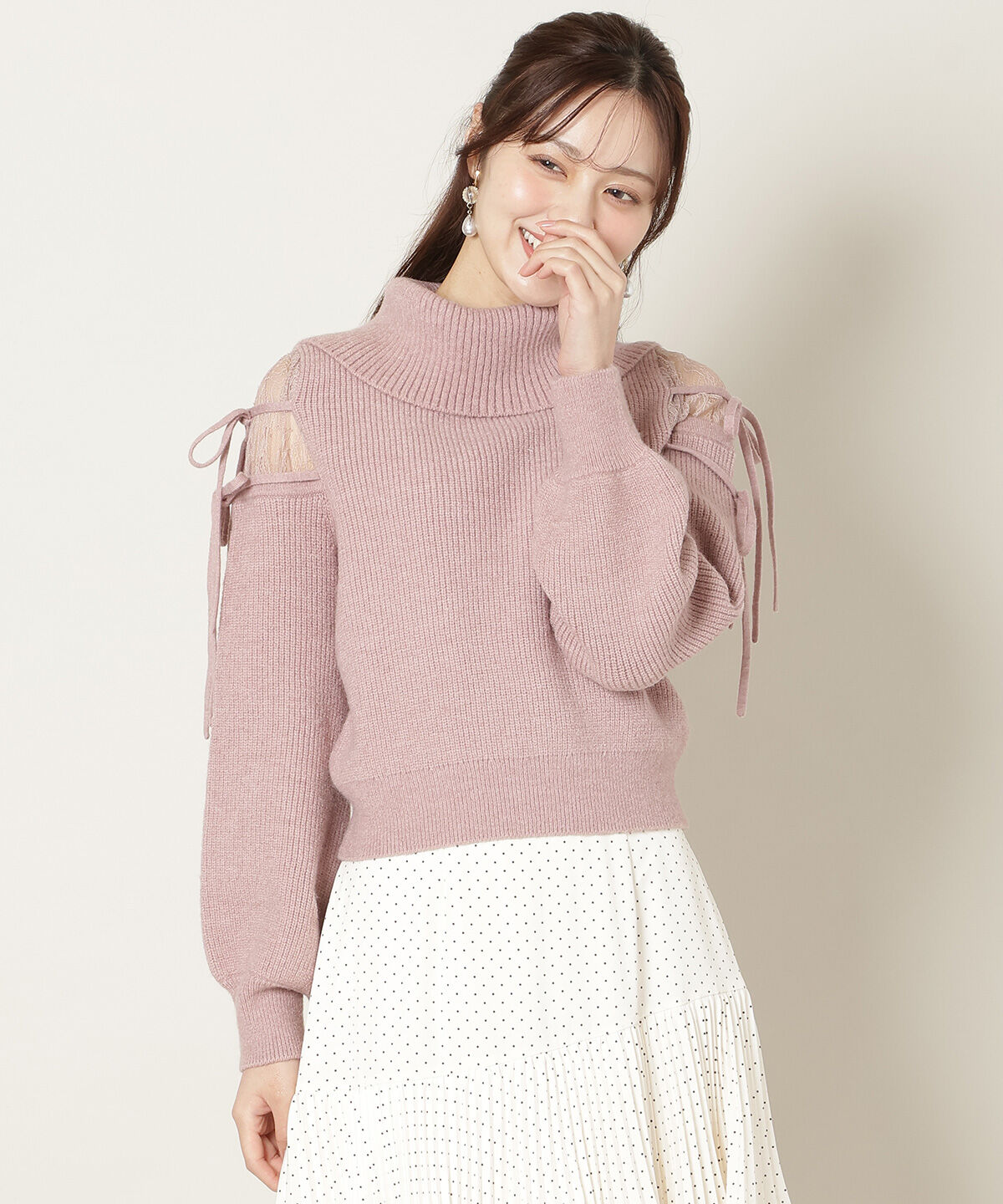 WILLSELECTION「レースショルダーオフタートルニット」|ニット・セーター|ピンク